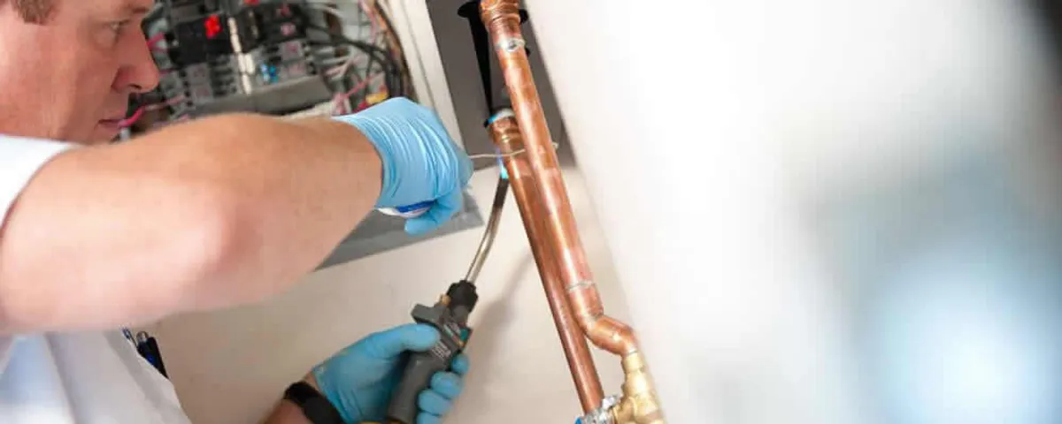 Water heater repair technician testing copper pipe connections and controls in Atlanta, GA